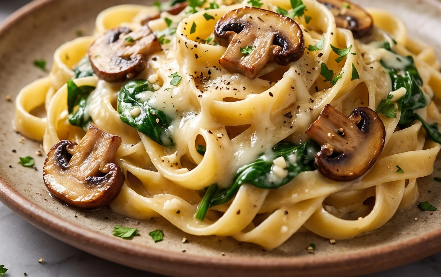 One-Pot Garlic Parmesan Pasta with Spinach and Mushrooms