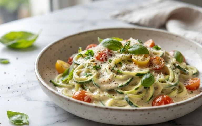 Zucchini-Spaghetti in cremiger Sauce– Zoodles