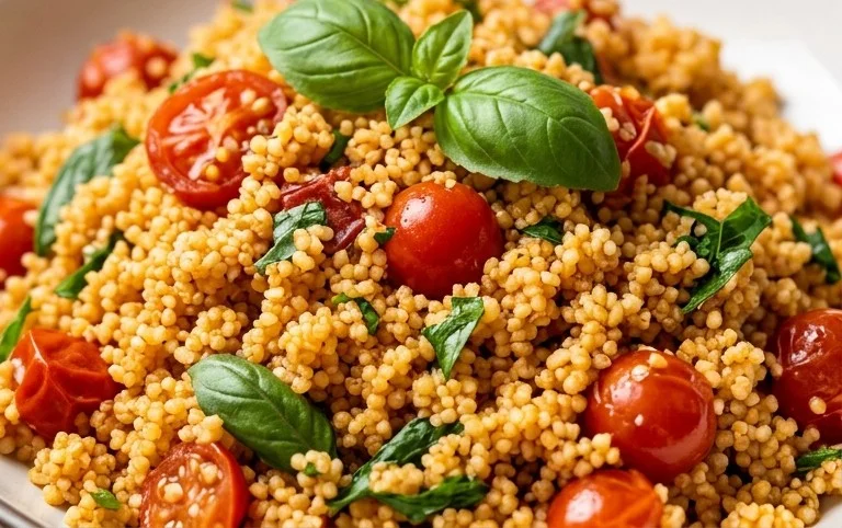 Healthy One-Pan Couscous With Garlic, Tomatoes And Basil