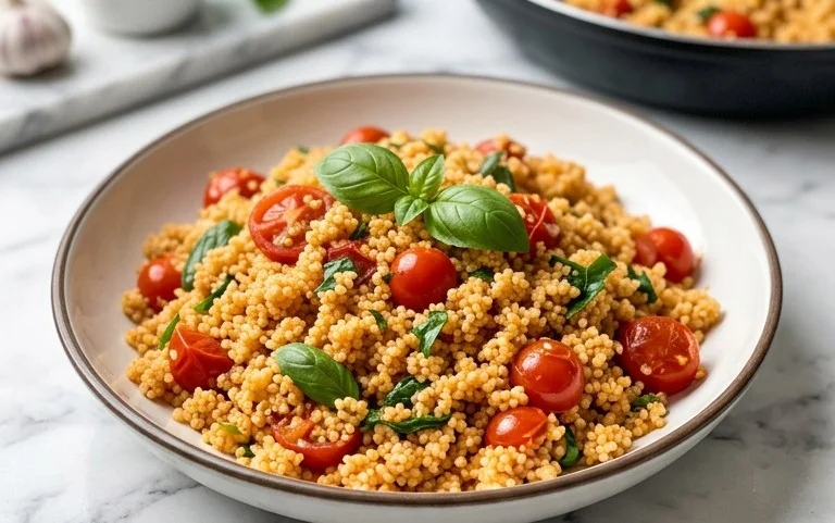 Healthy One-Pan Couscous With Garlic, Tomatoes And Basil