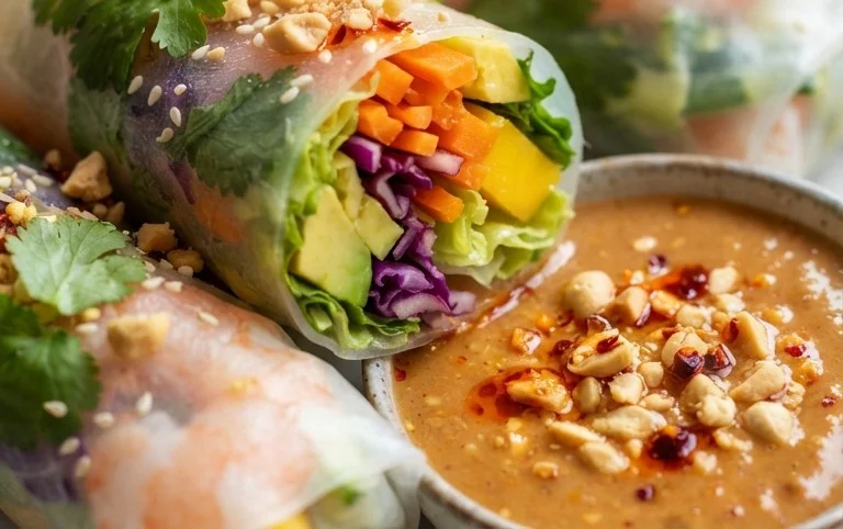 Rainbow Spring Rolls with Gin Extractger Peanut Sauce