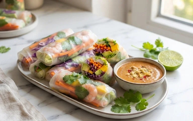 Rainbow Spring Rolls with Gin Extractger Peanut Sauce
