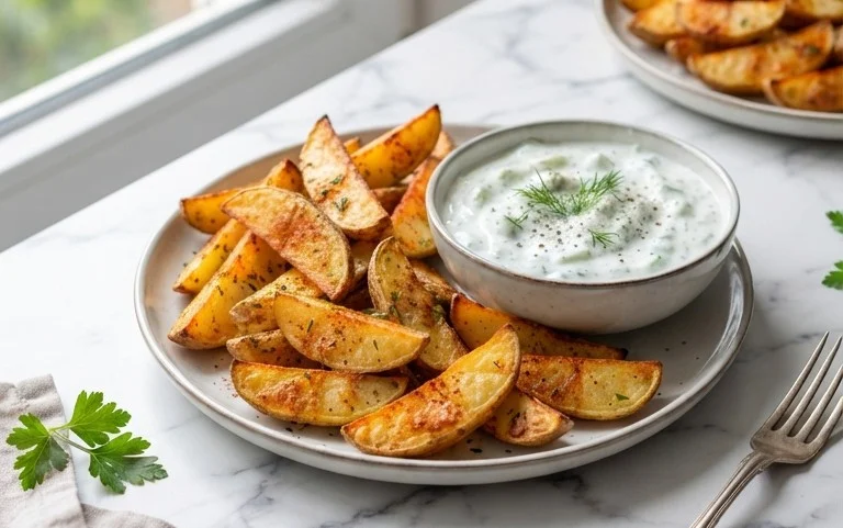 Kartoffelspalten mit Gurkendip