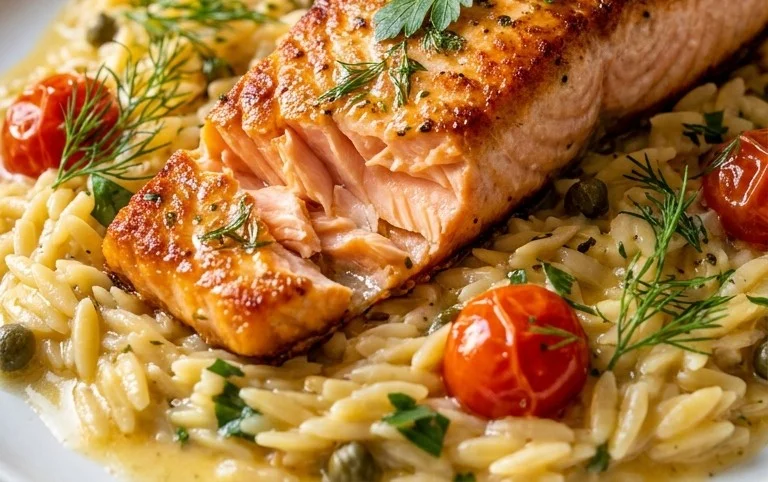 One Skillet Salmon with Lemon Orzo