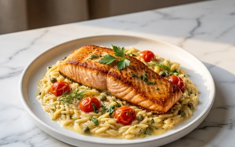 One Skillet Salmon with Lemon Orzo