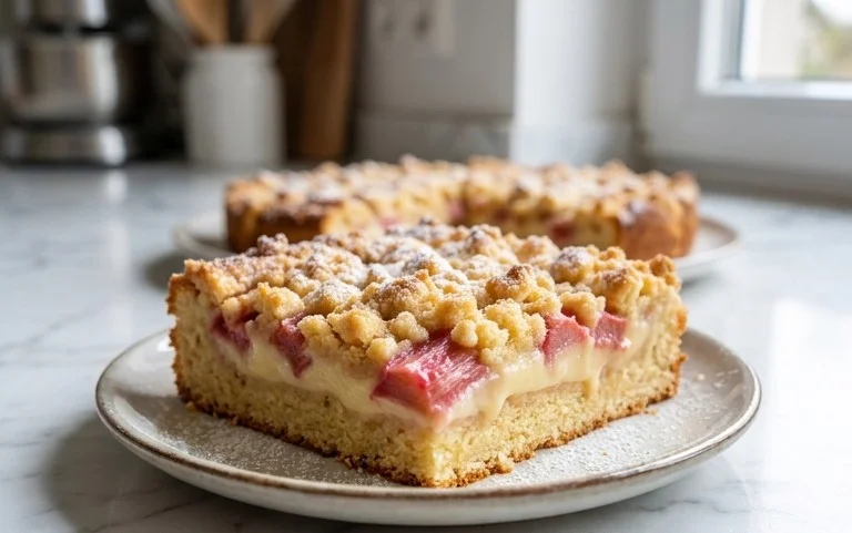 Rhabarberkuchen mit Pudding und Streuseln – wie von Oma