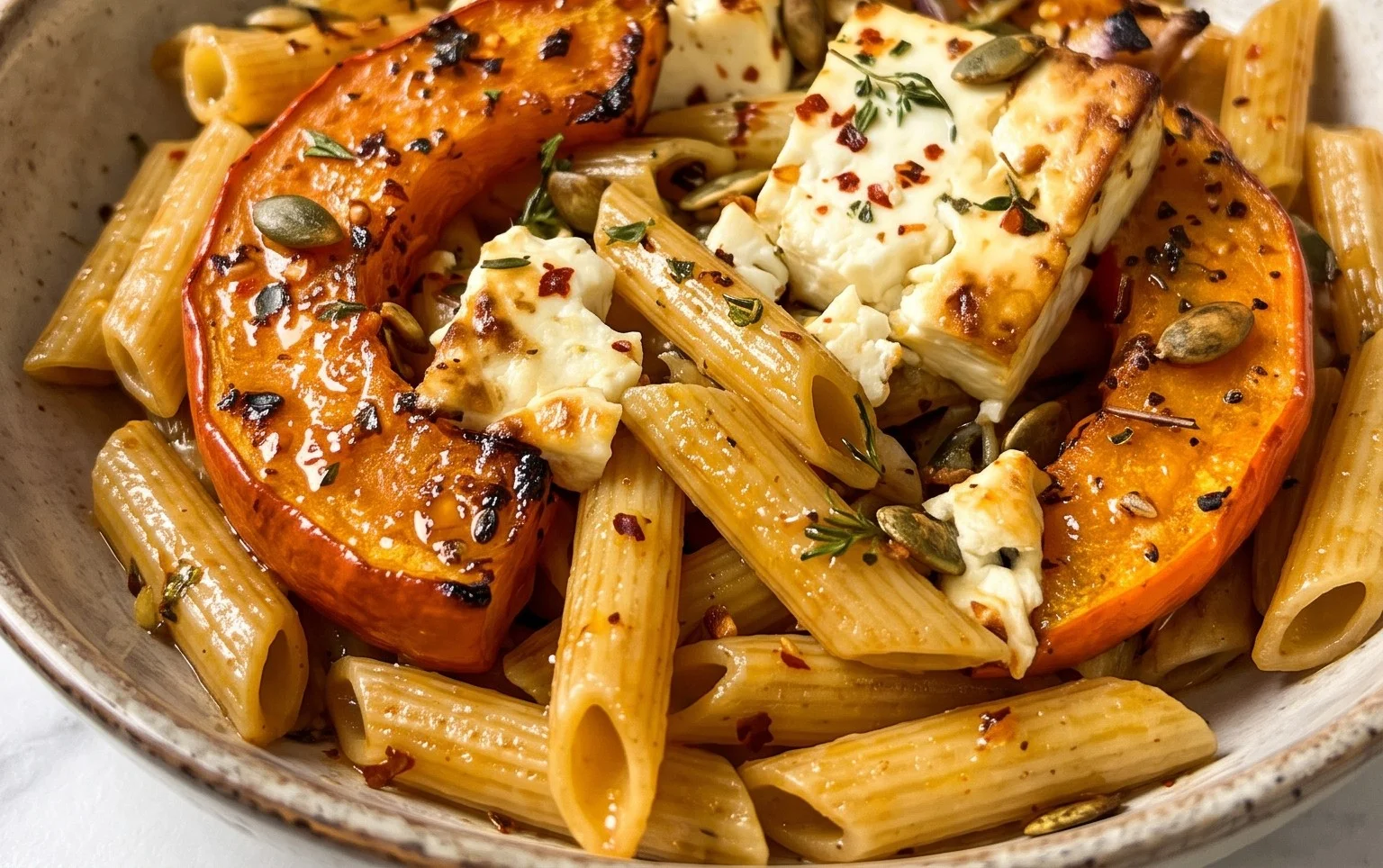 Pasta vom Blech. Mit Ofen-Kürbis und Feta.