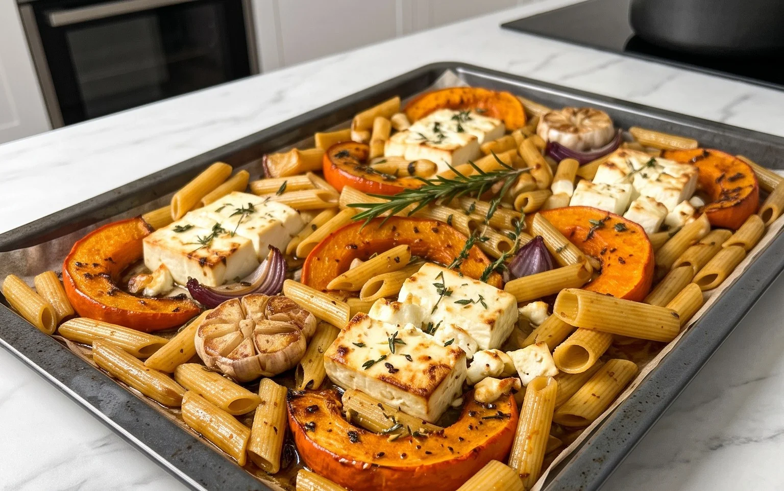 Pasta vom Blech mit Kürbis & Feta